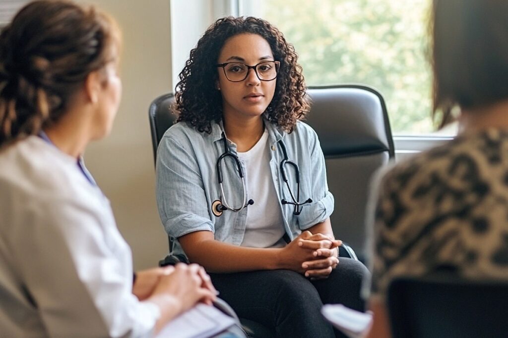 A doctor with curly hair and glasses, wearing a stethoscope, sits in an office chair and attentively listens to two people during a Behavioral Health Treatment Across Connecticut consultation.