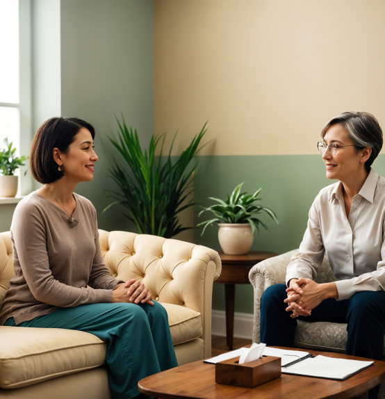 Two women sit on sofas facing each other in a well-lit room with green walls and houseplants, engaged in a conversation about behavioral health. A table with tissues and papers is between them At New Insights Behavioral Health